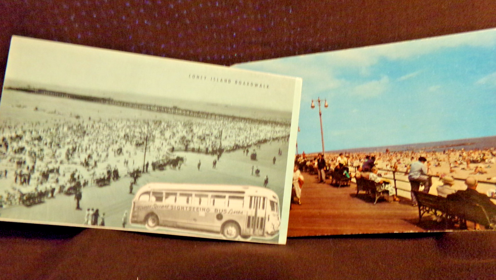 TWO Vintage Coney Island NY Boardwalk Post Cards-Times Sq. Sightseeing, Beach