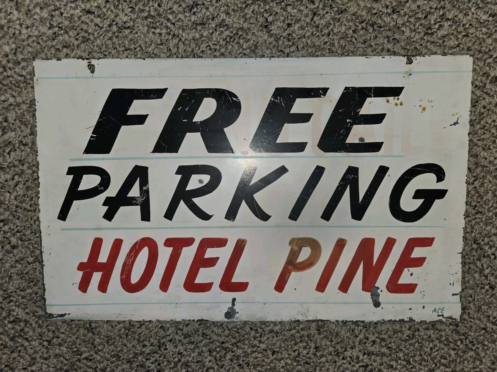 Vintage 60s Free Parking, Hotel Pine 2-Sided Metal Sign,Hand Painted,ACE,24 x 15