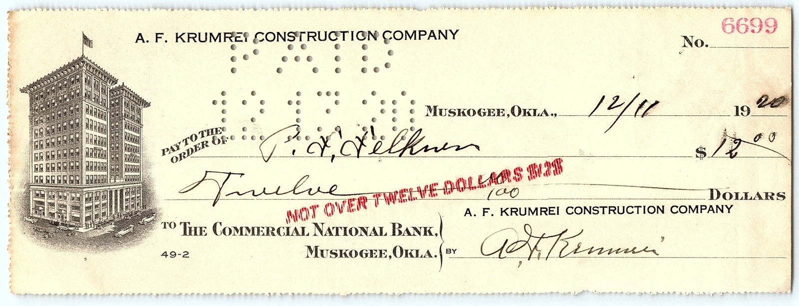1920 Muskogee, OK A. F. Krumrei Construction Co. Check