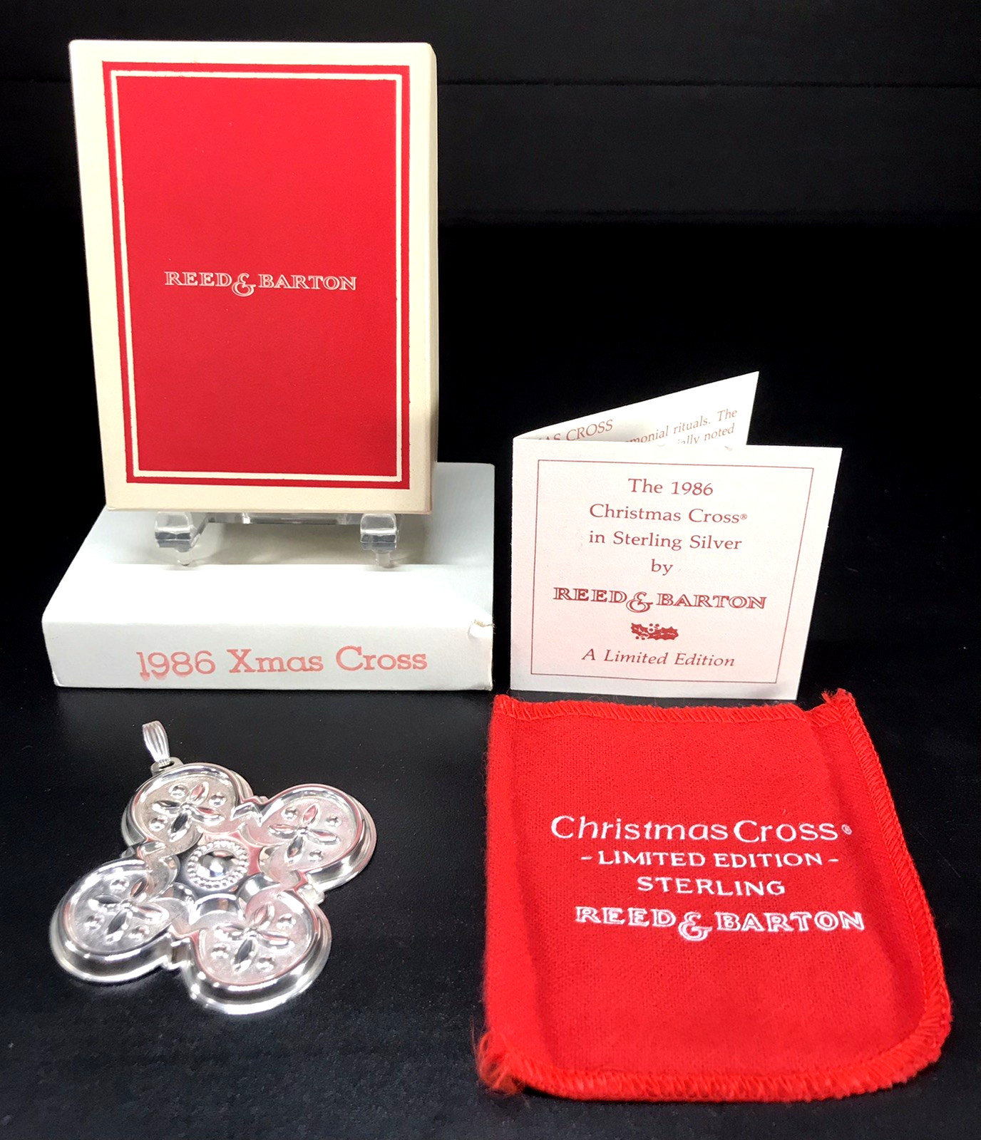 REED BARTON 1986 STERLING SILVER CHRISTMAS CROSS ORNAMENT 15g BOX POUCH SLEEVE