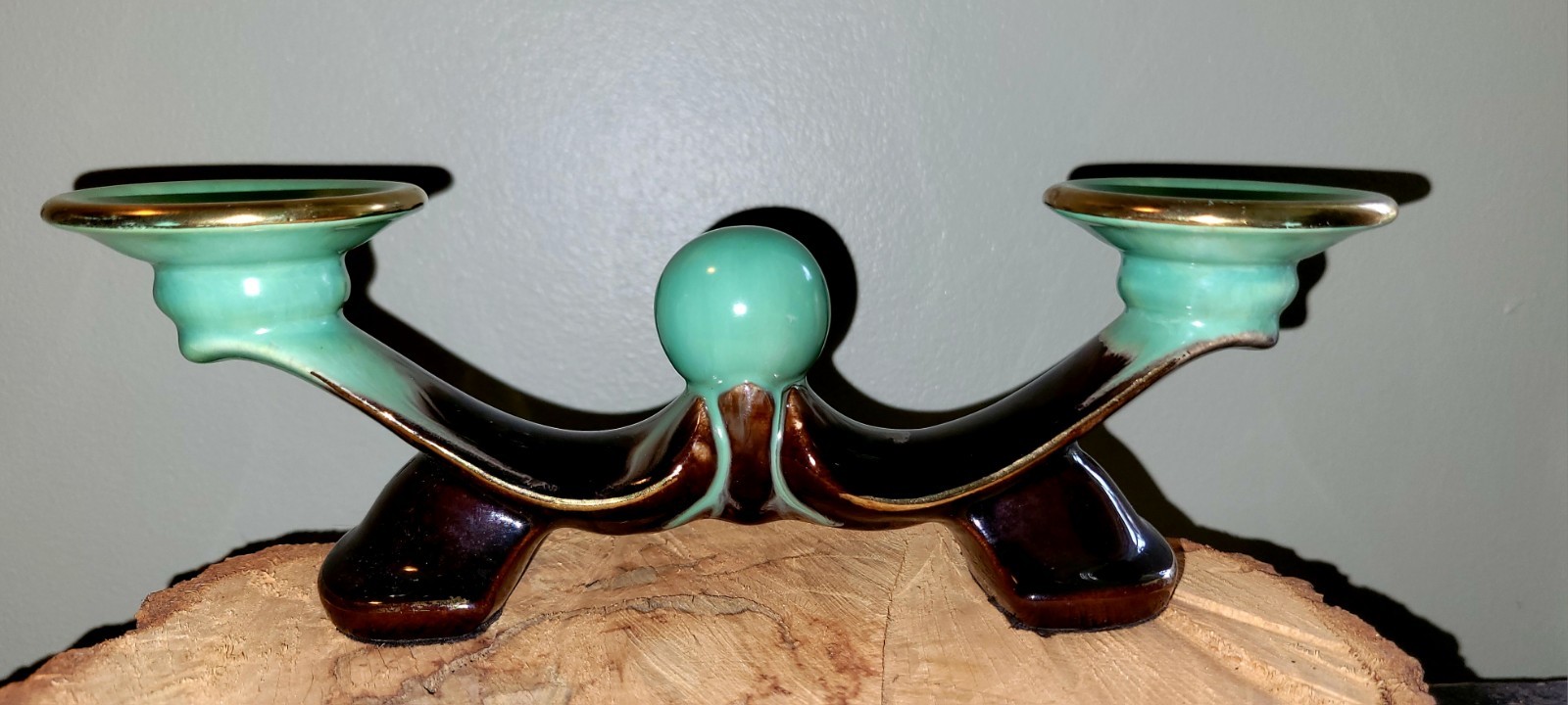 Fantastic MCM Double Candle Holder Jade Green Brown Drip Finish Lovely