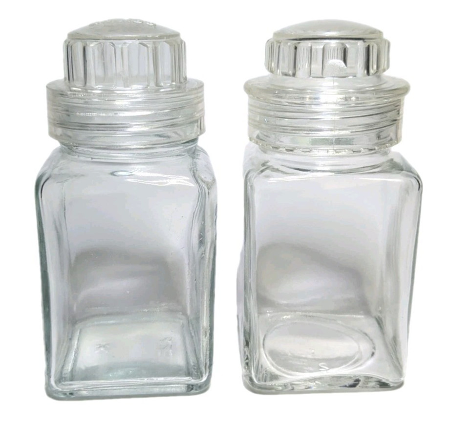 Lot of 2 Vintage Squibb Clear Glass Apothecary Spice Bottle Jar Screw Top Lid