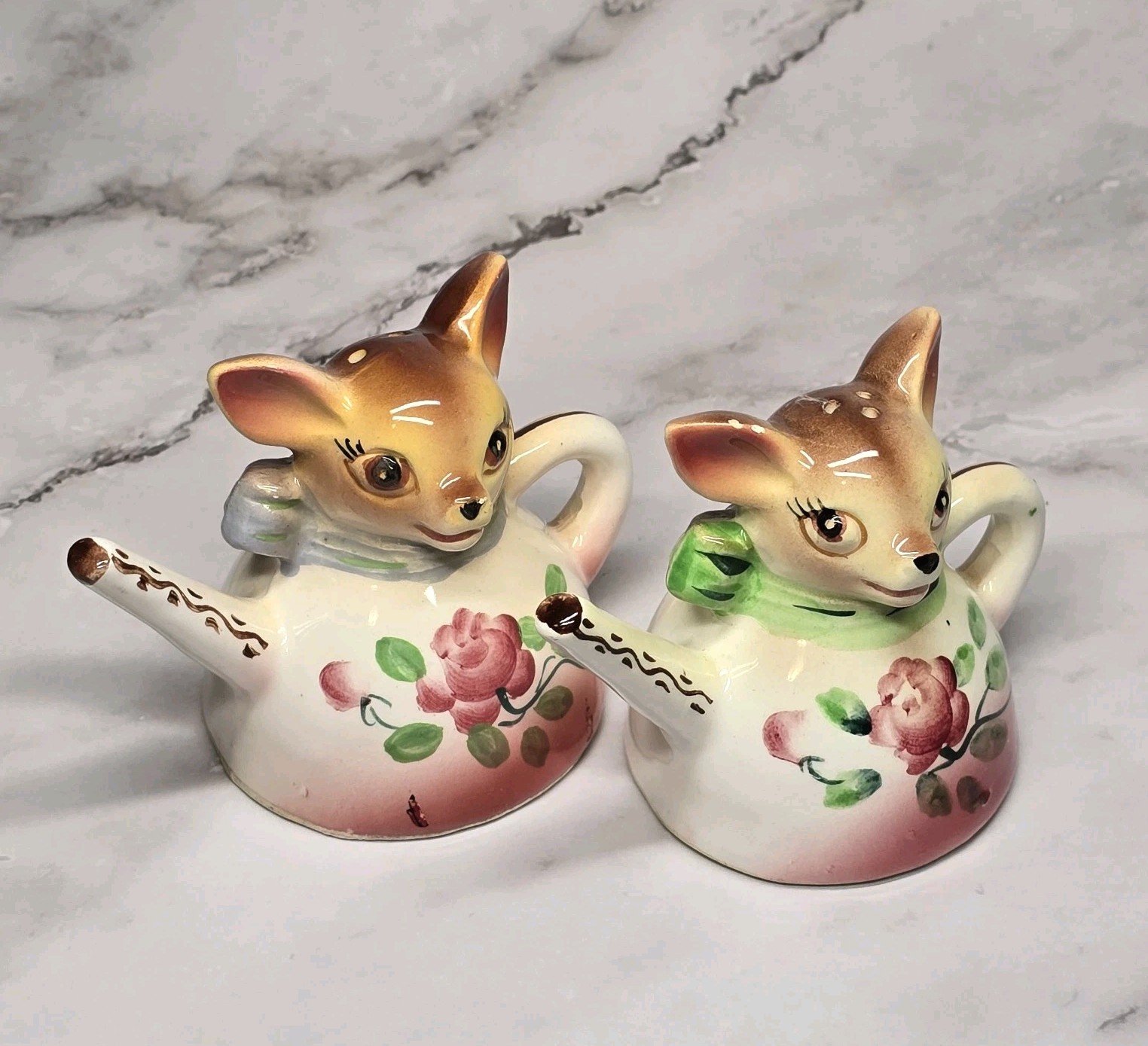 Vintage Kitsch Japan Anthropomorphic Fawn Deer Teapot Salt & Pepper Shaker Set