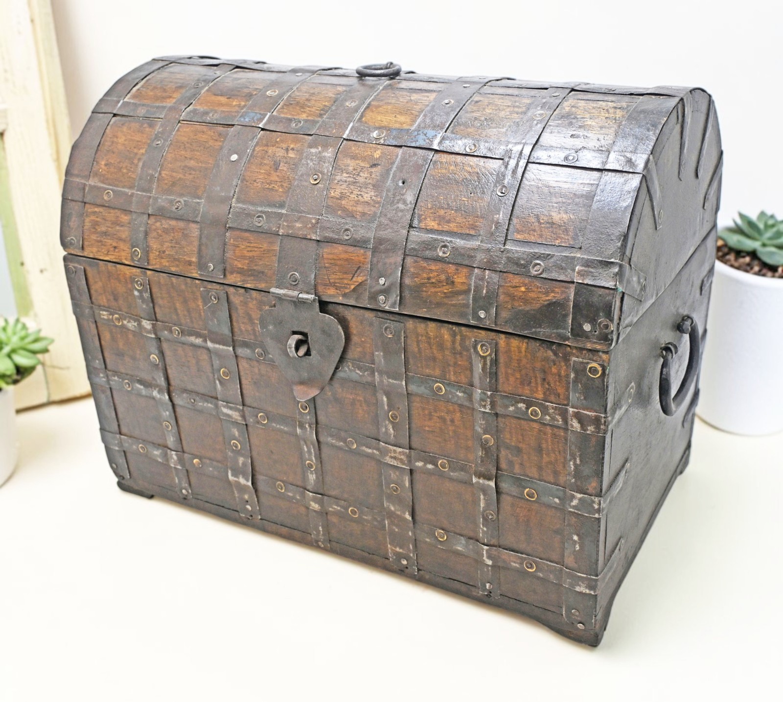 Vintage Wooden Large Size Half Round Storage Chest Box Original Old Metal Fitted