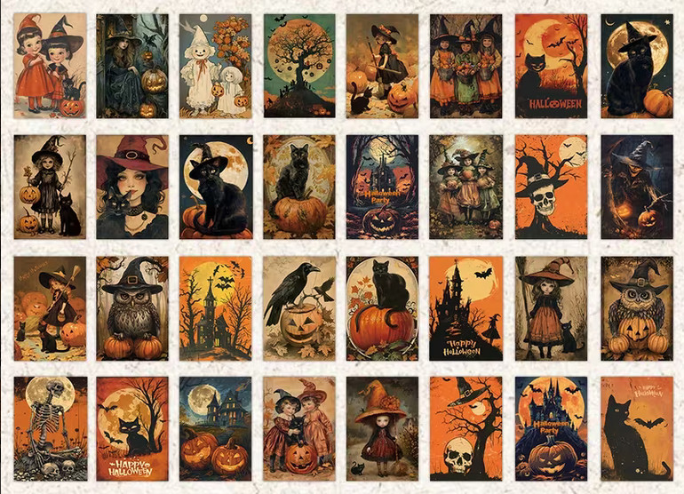 32 Halloween Postcard Lot Witch Girl Cat Crow Skeleton Retro Bat Spooky Pumpkin