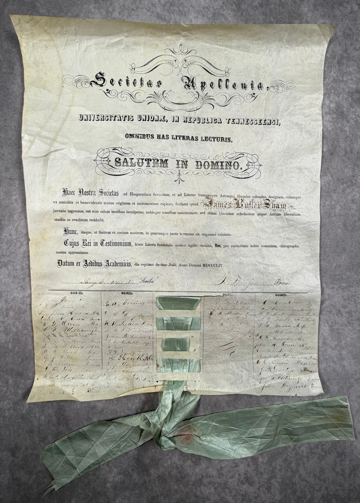 1854 Union University Tennessee Diploma James Butler Shaw Antebellum