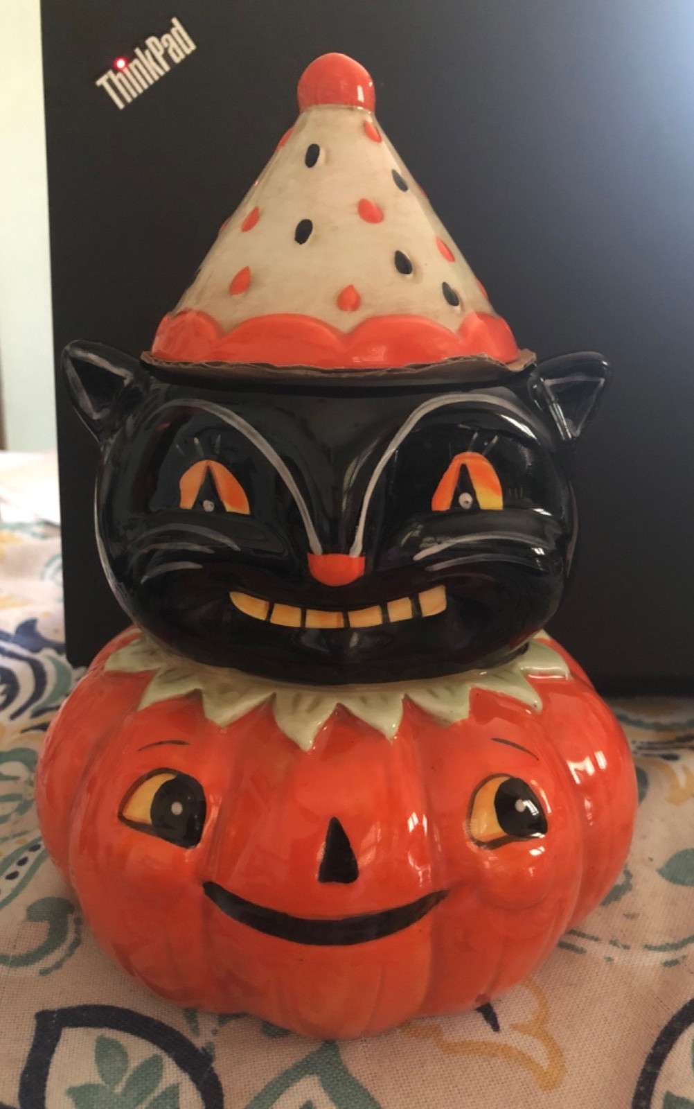 Johanna Parker BLACK CAT WITH PARTY HAT & PUMPKIN Treat Jar Canister -- NEW
