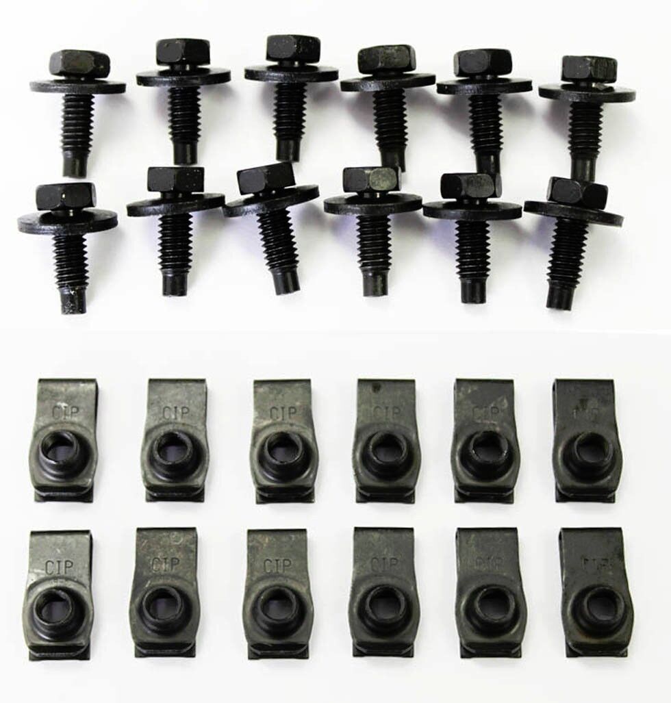 NEW Torino Cougar Mustang Fender Bolts and Clip Nuts Set of 24 Black w/ Washers