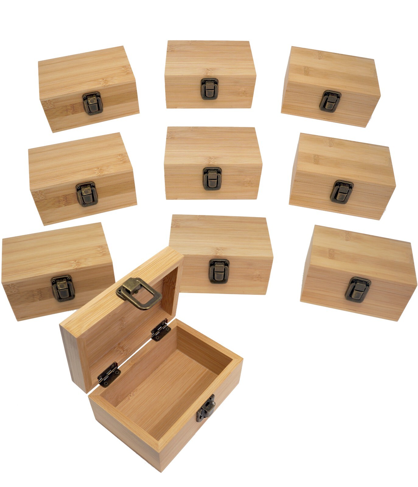 Set Of 10  Bamboo Wooden Box - Wood Keepsake Box With Hinged Lid