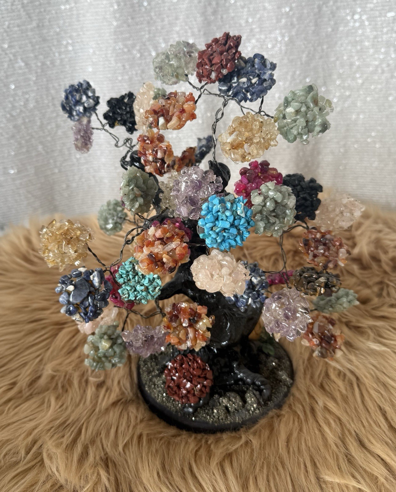 Bonsai Tree Stones LARGE Multicolor Stone tree with Pyrite on wood base  11”