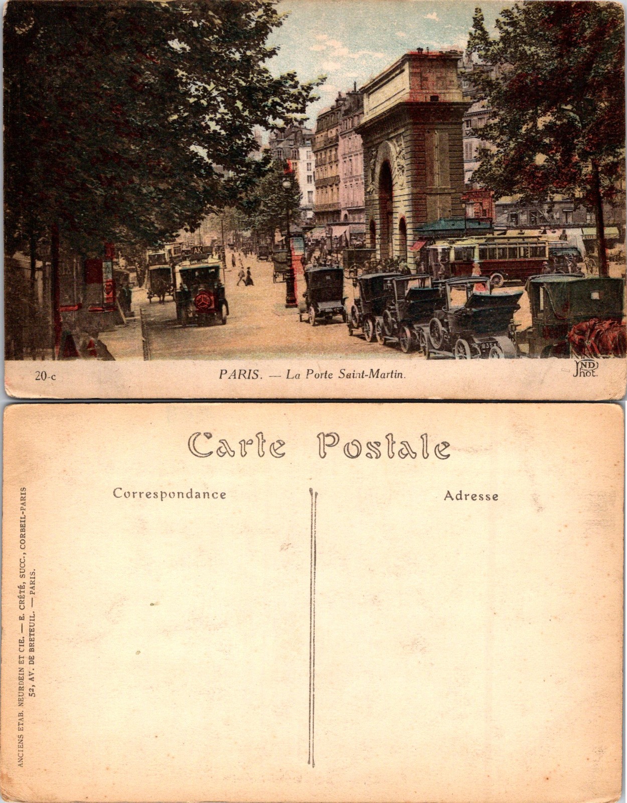 Paris France La Porte Saint Martin, Town Street, Vintage Postcard 73603