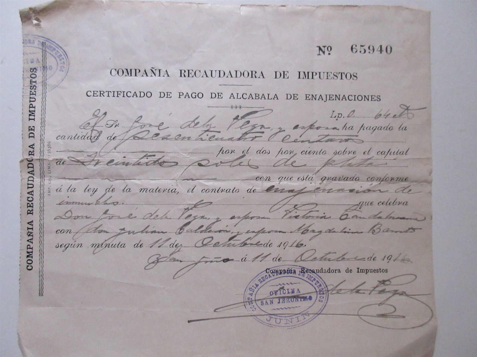 Junin Peru 1916 Tax Collection stamped document 