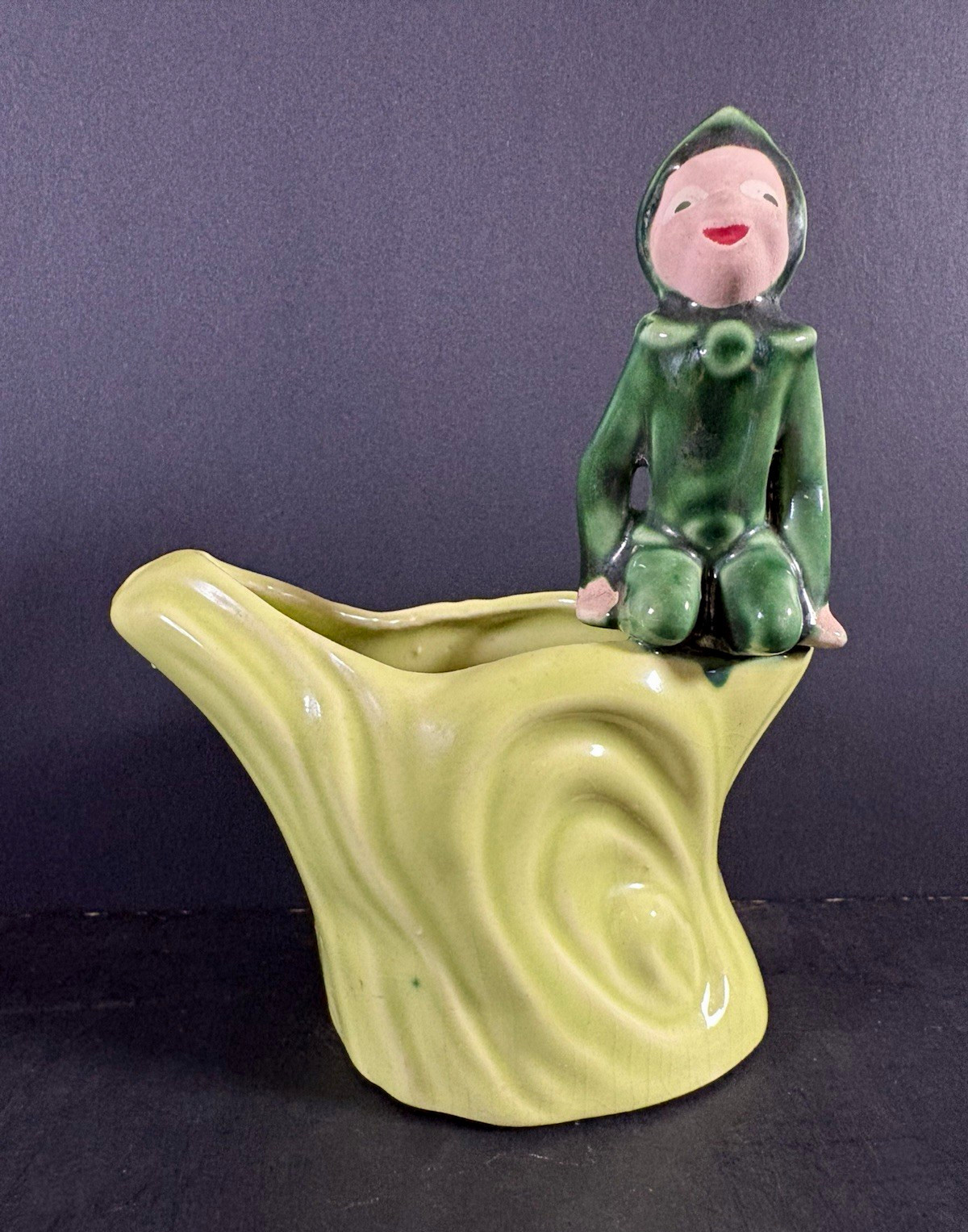 Vintage Ceramic Elf Planter, Green Glazed  Christmas figurine Pixie Pottery