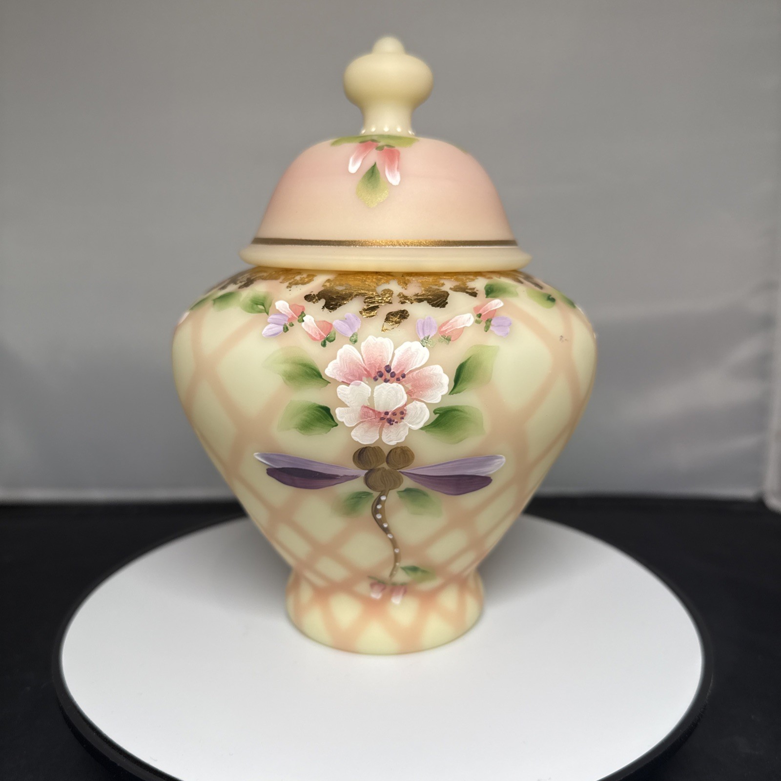 Fenton Burmese Dragonfly Delight Hand-Painted Temple Jar - 