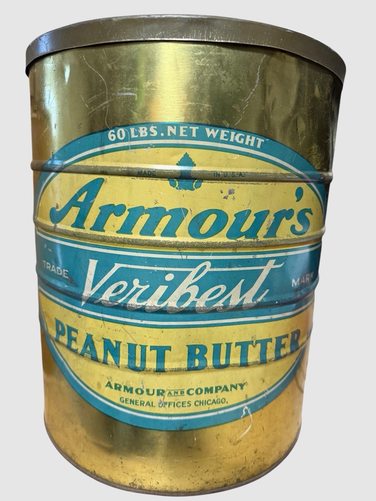 Antique Armour’s Veribest Peanut Butter 60 LB Advertising Tin Can 15” Large