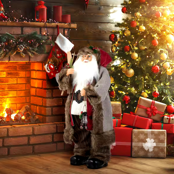 32 in. H Oversized Faux Fur Christmas Woodland Santa Figurine 