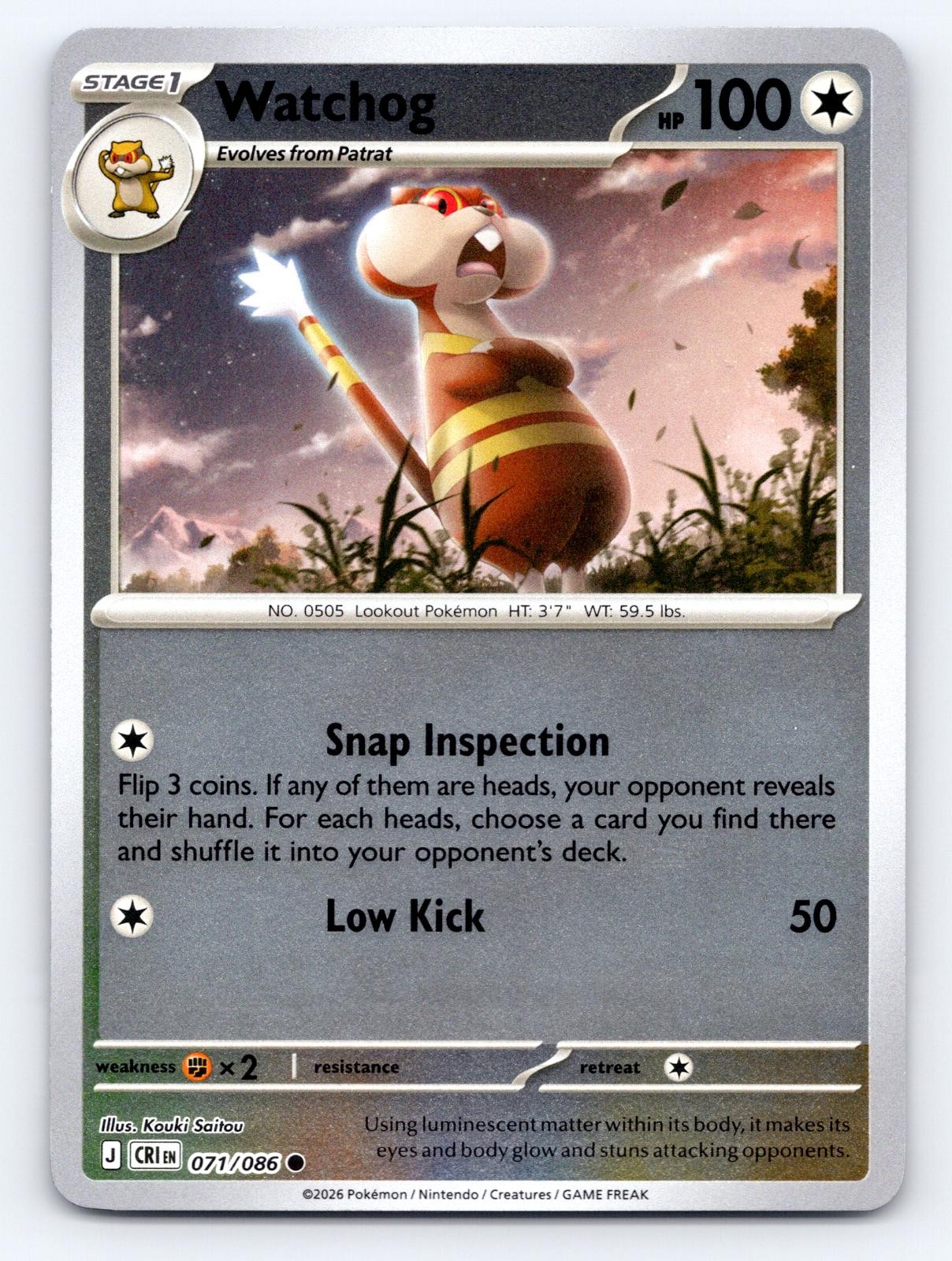 Watchog 071/086 Common Chaos Rising Pokemon Reverse Holo Lightly Played