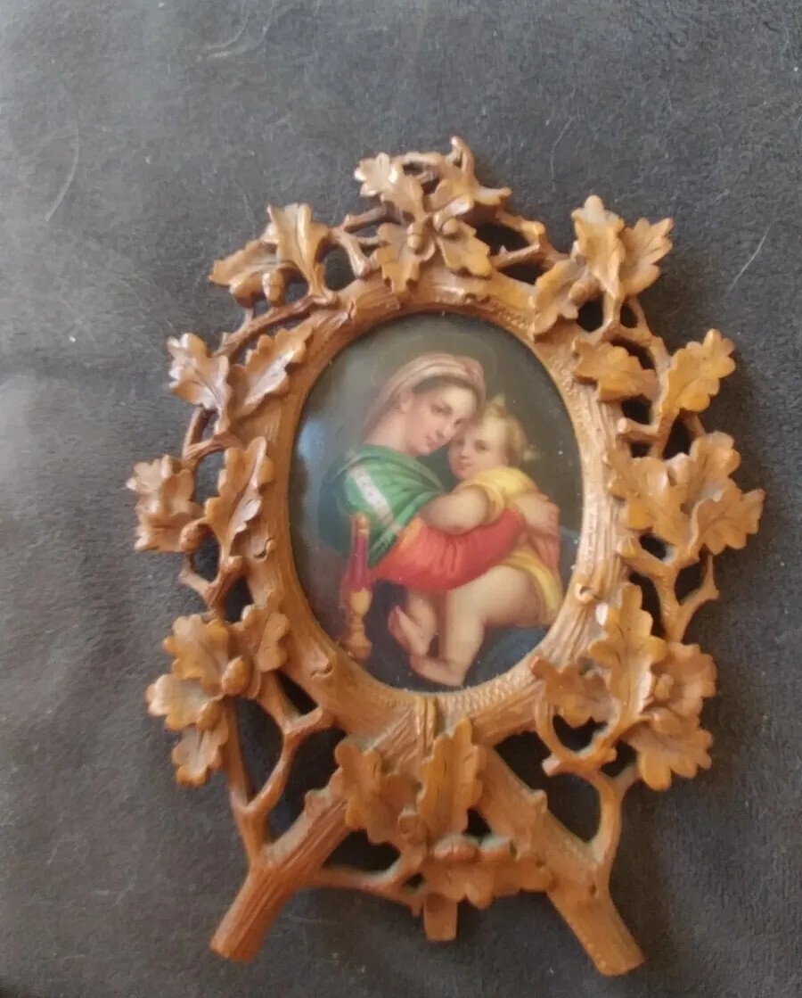 Antique Madona And Child Painted On Porcelain In Hand Carved Frame