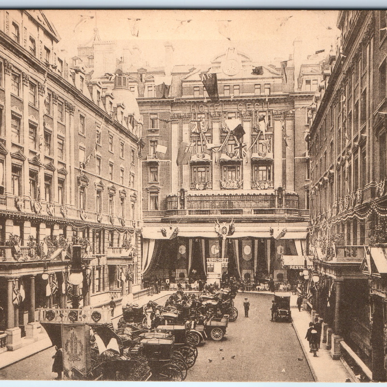 c1900s London, England Hotel Cecil Courtyard Antique Postcard Carriages Motor