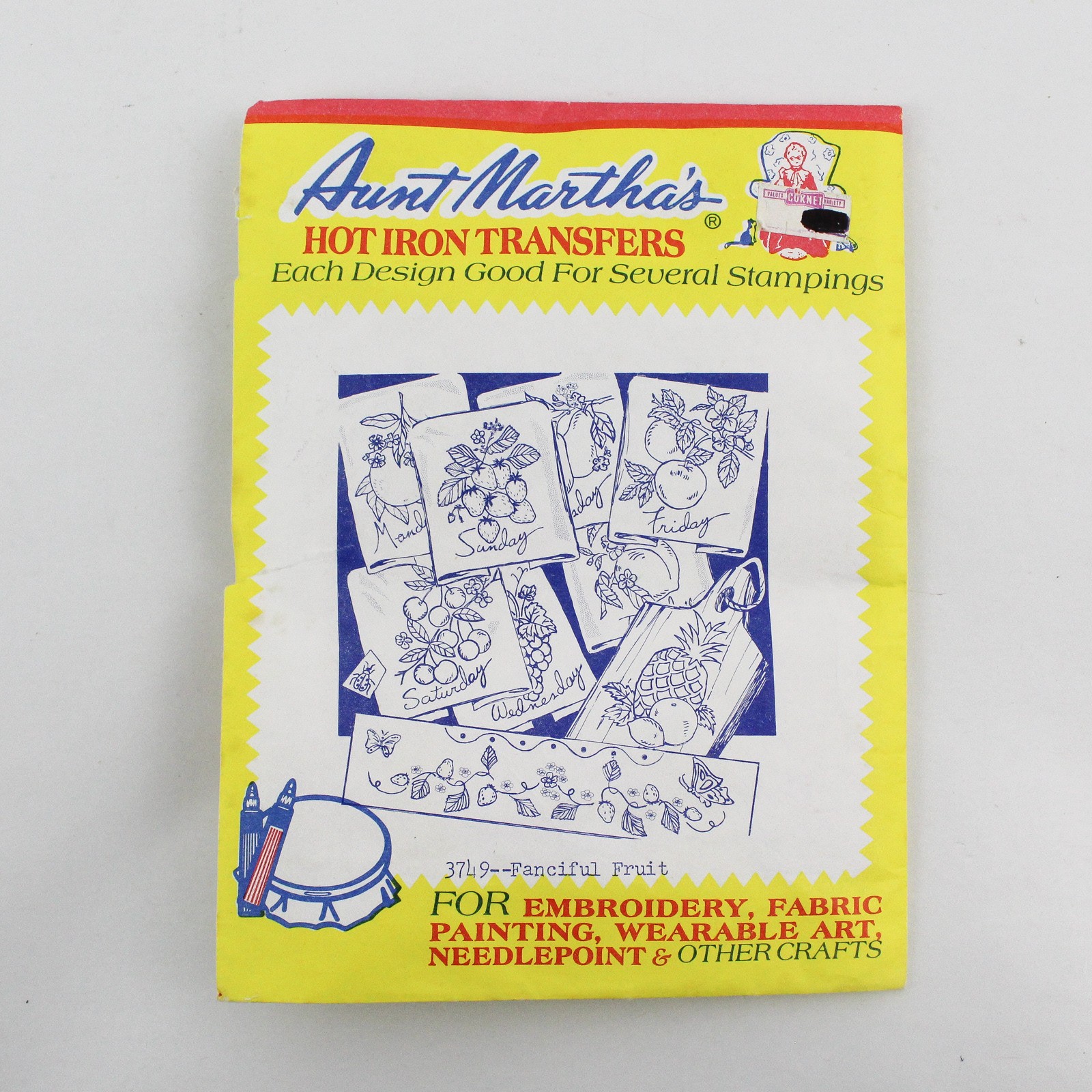 Vintage Aunt Martha\'s 3749 Fanciful Fruit Hot Iron Transfers Embroidery