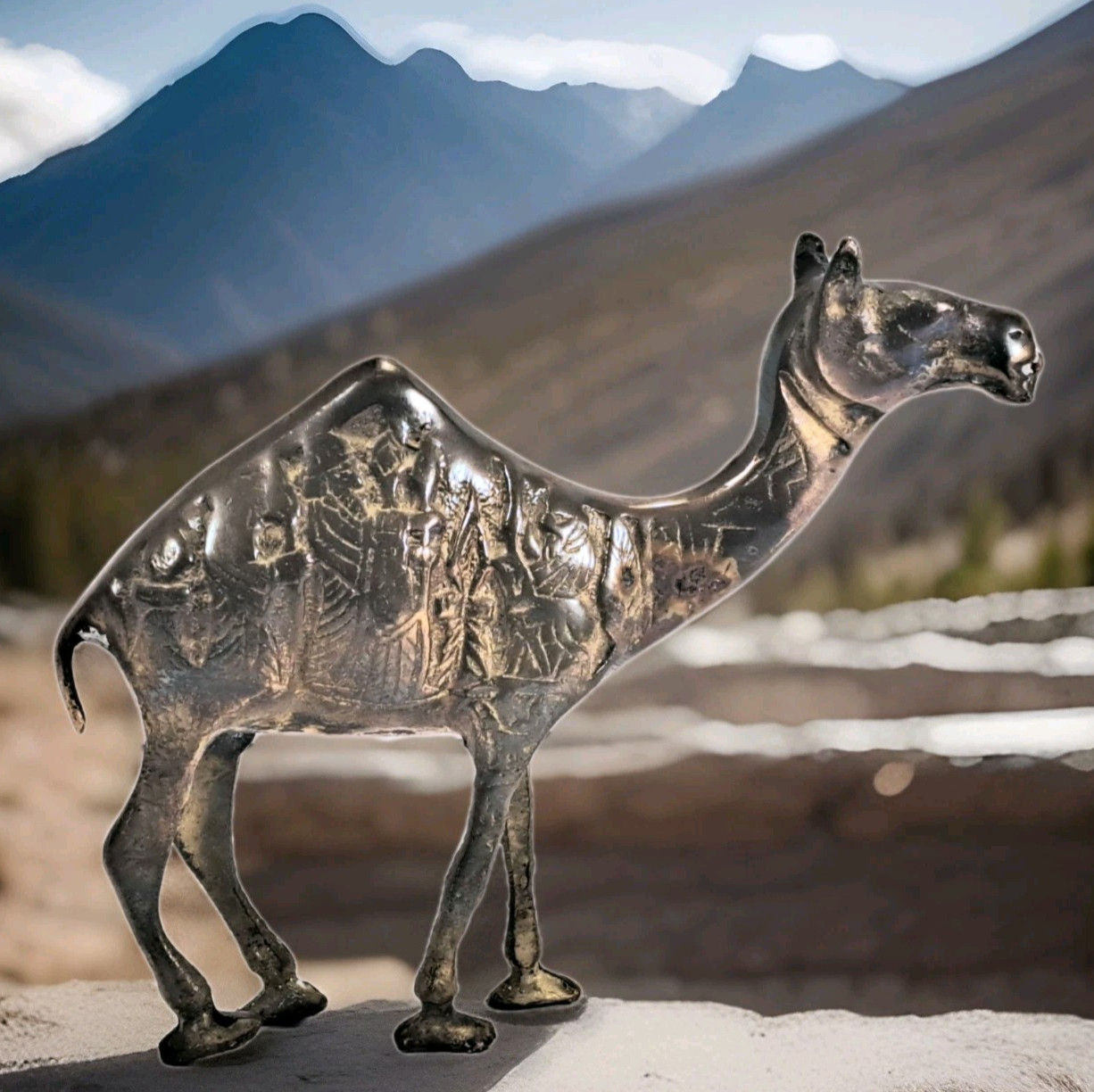Vintage Etched Brass Camel Figurine Middle Eastern Dromedary Statue Decor