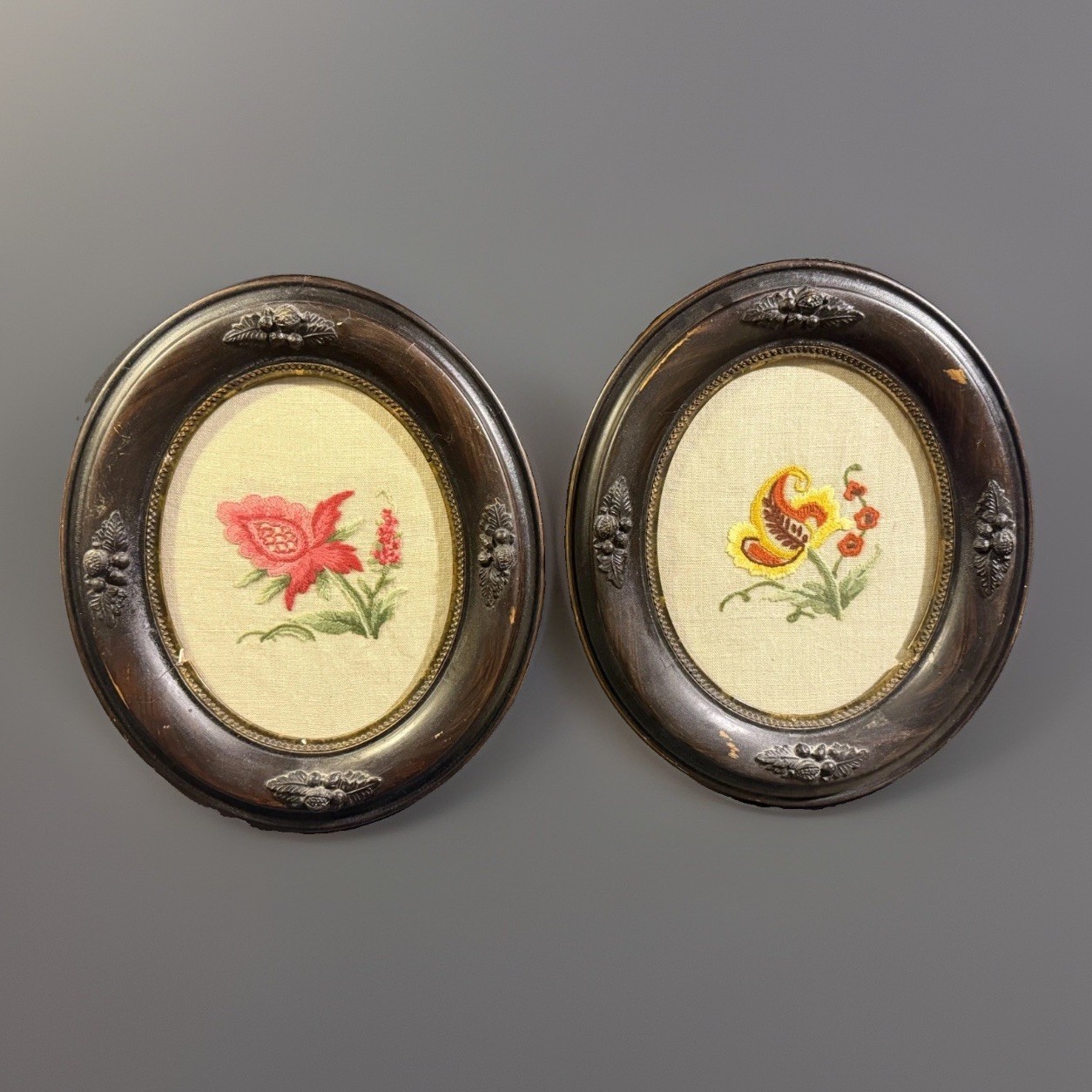 PAIR Antique Victorian Carved Wood & Gesso Frame w/ needlework crewel embroidery