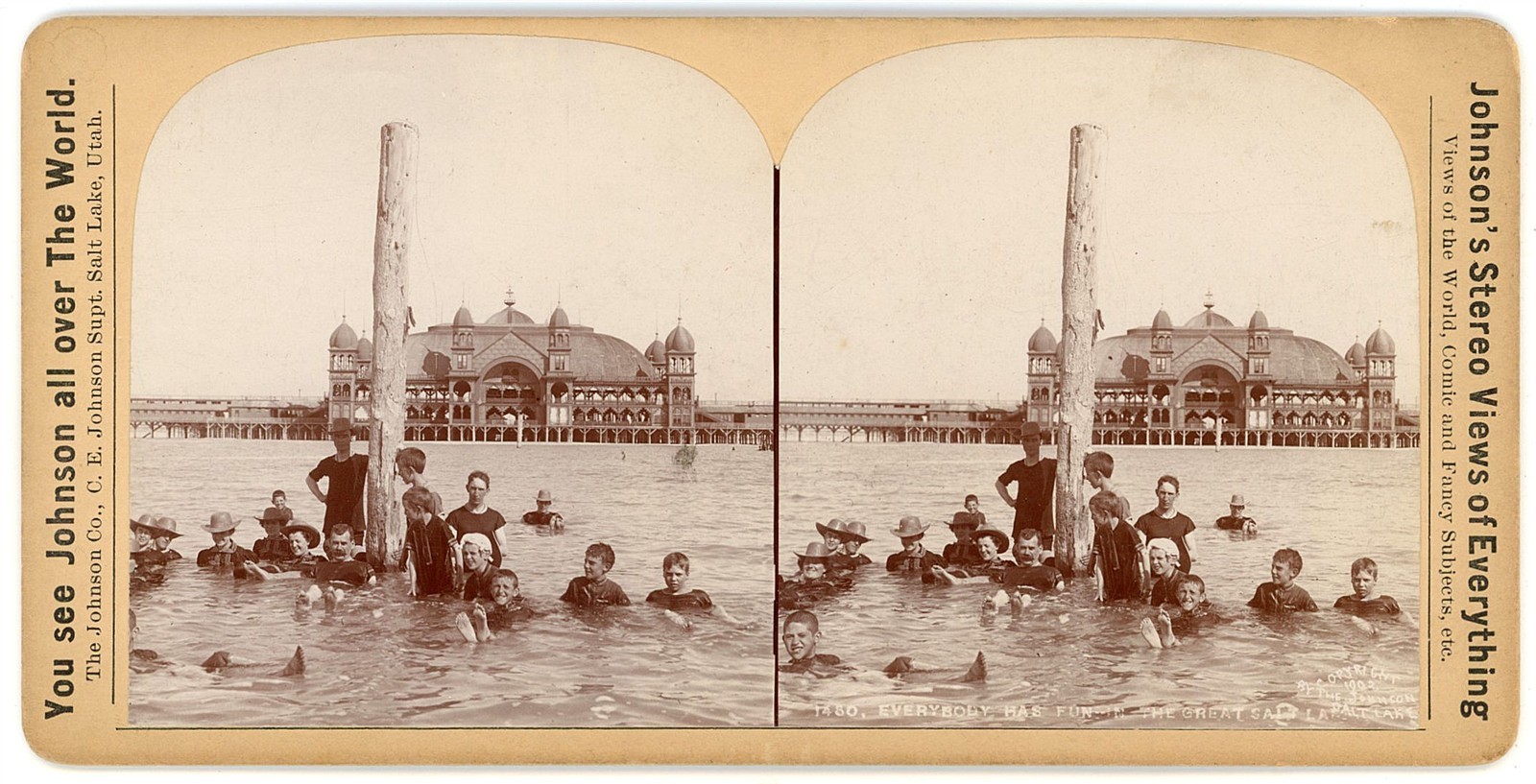 UTAH STEREOVIEW - Salt Lake - Saltair Pavilion & Swimmers - CE Johnson c1902