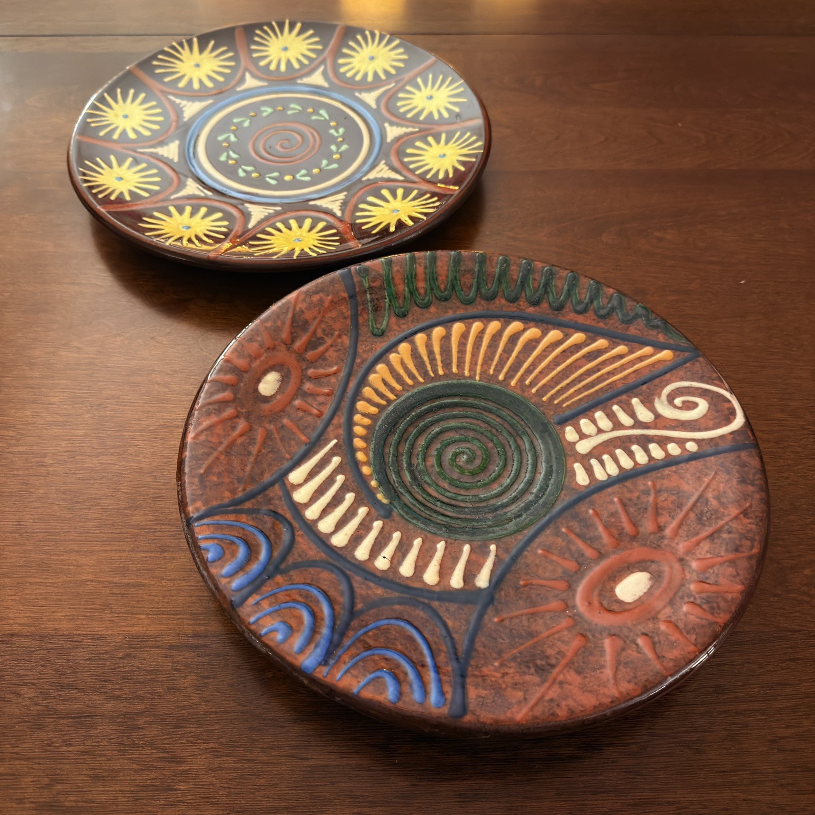 2 VINTAGE SIGNED SPANISH PUIGDEMONT TERRACOTTA ABSTRACT GEOMETRIC WALL PLAQUE 