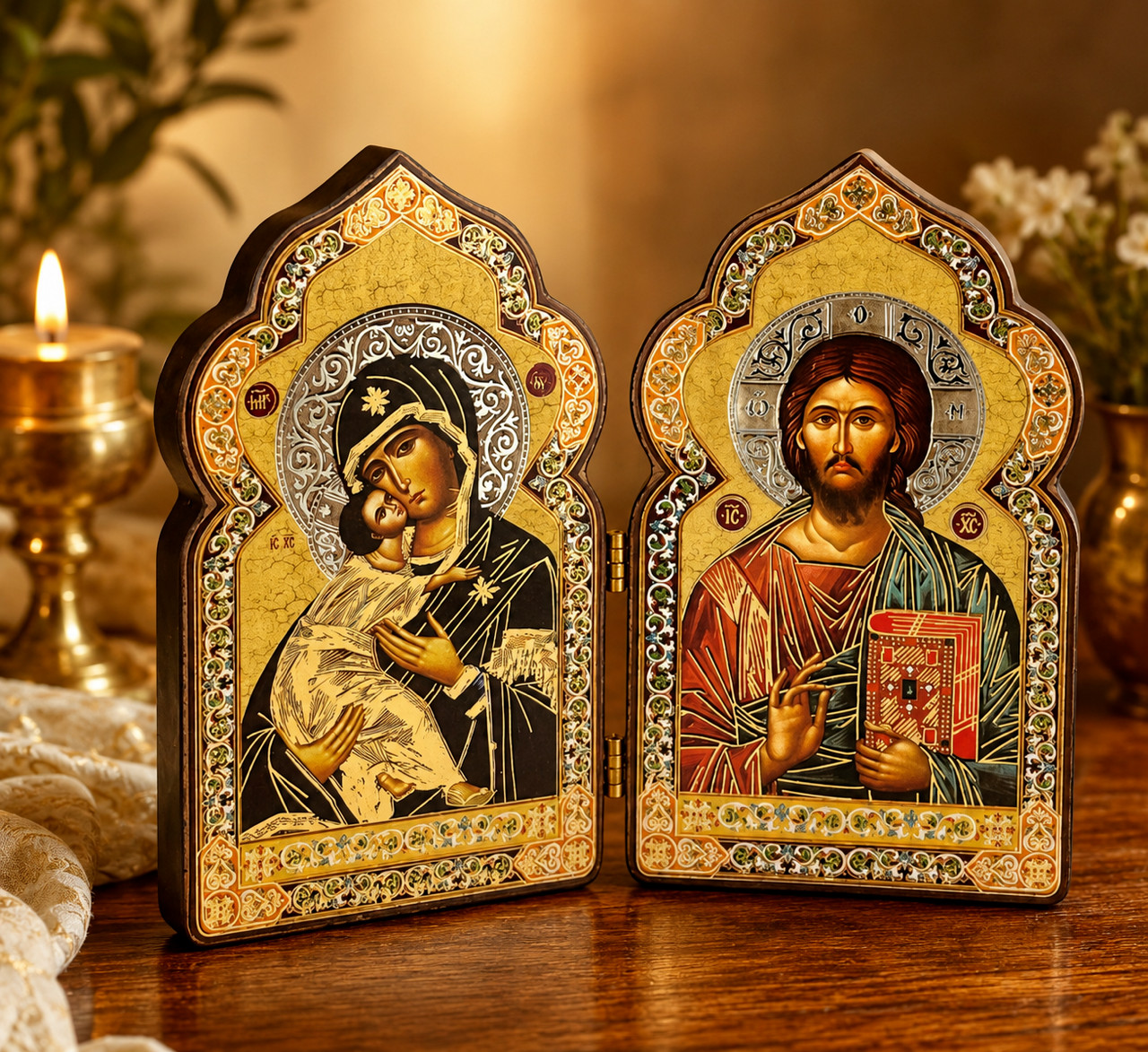 Christ The Teacher Virgin of Vladimir Byzantine Icon Diptych Dome Shape 4