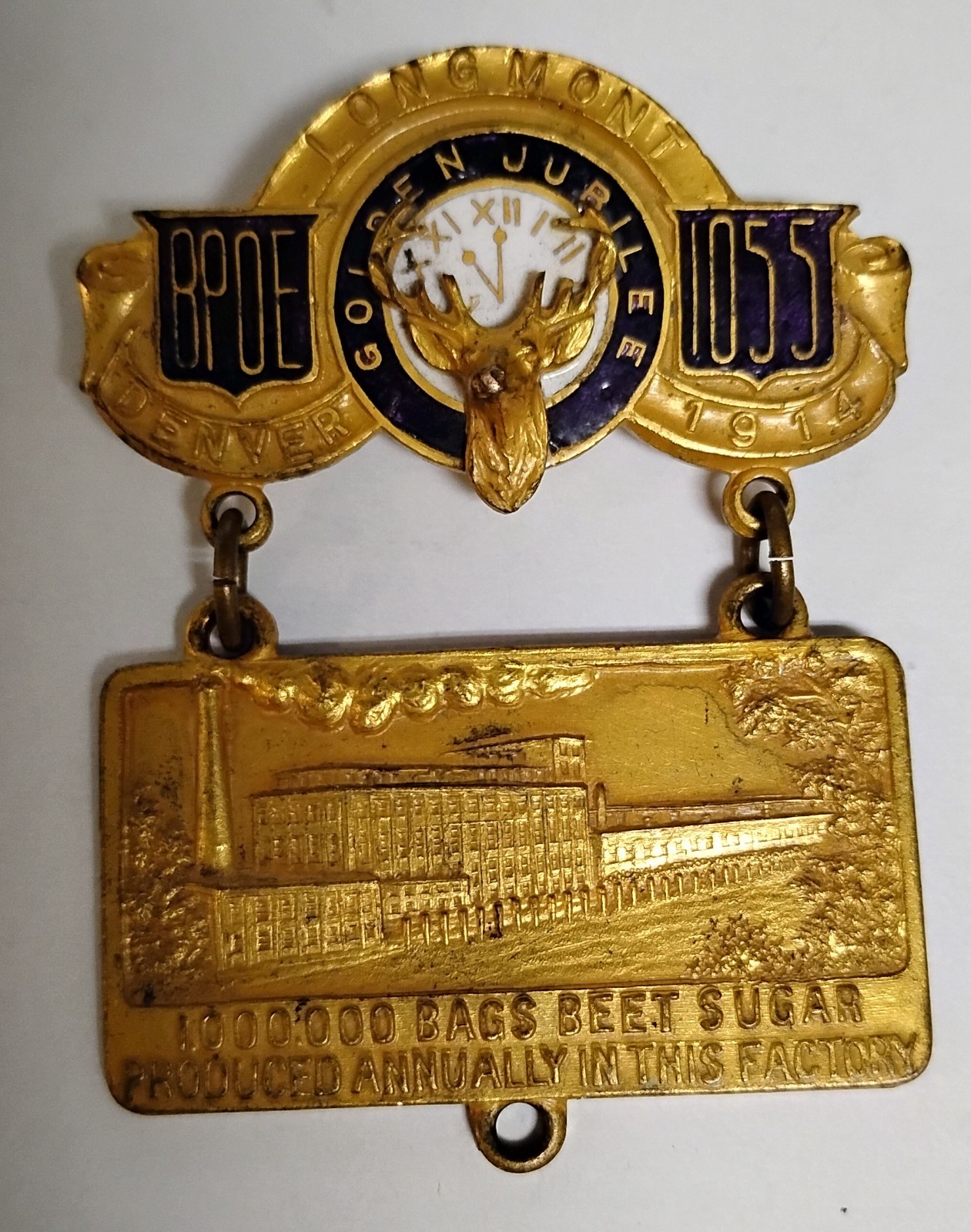 Vintage BPOE 1055 Golden Jubilee Longmont CO 100,000 Bags Beet Sugar Factory Pin