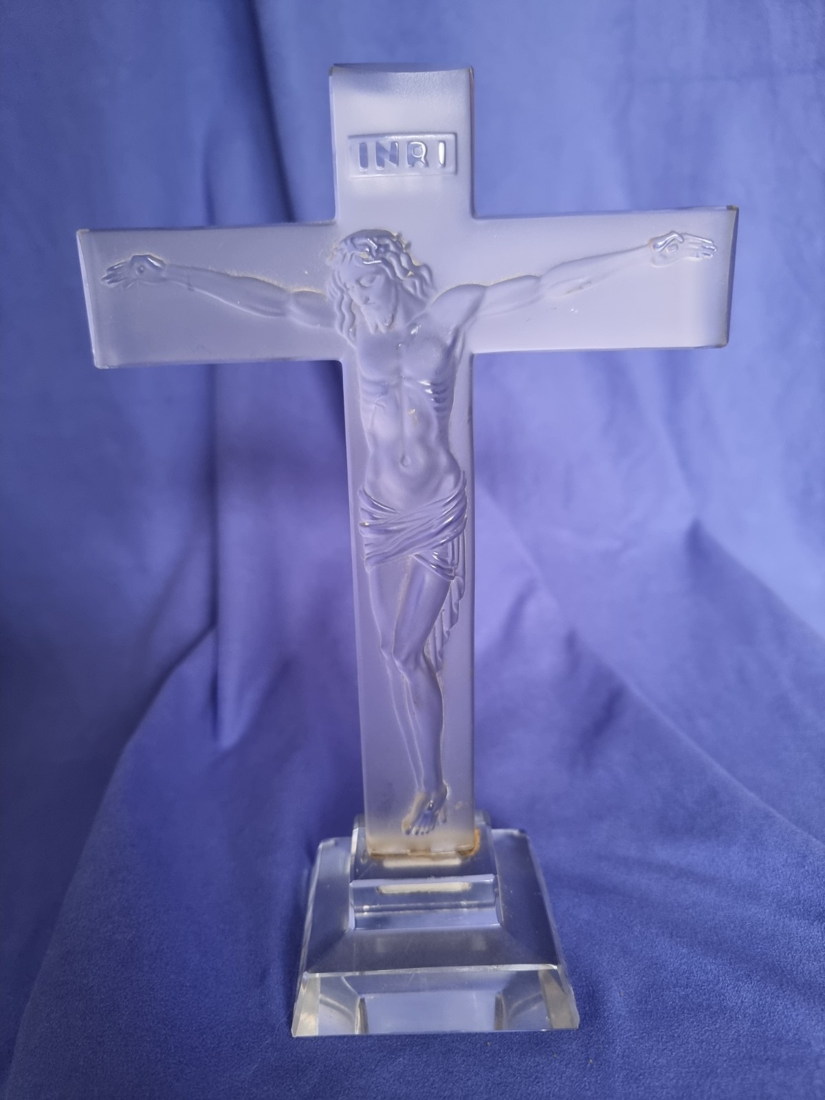 Antique Art Deco Christ Style Frosted Glass Crystal Crucifix INRI  
