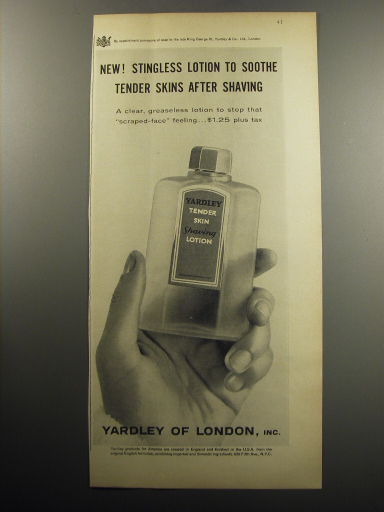 1957 Yardley Tender Skin Shaving Lotion Advertisement