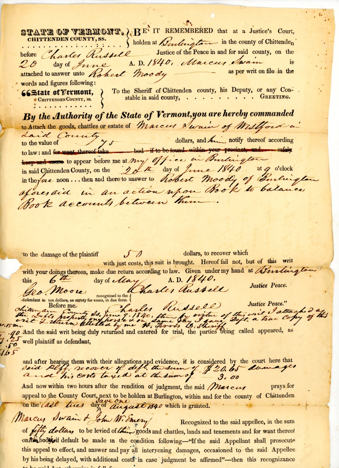 1840 Handwritten Court Documents Robert Moody Marcus Swain Chittenden VT Antique