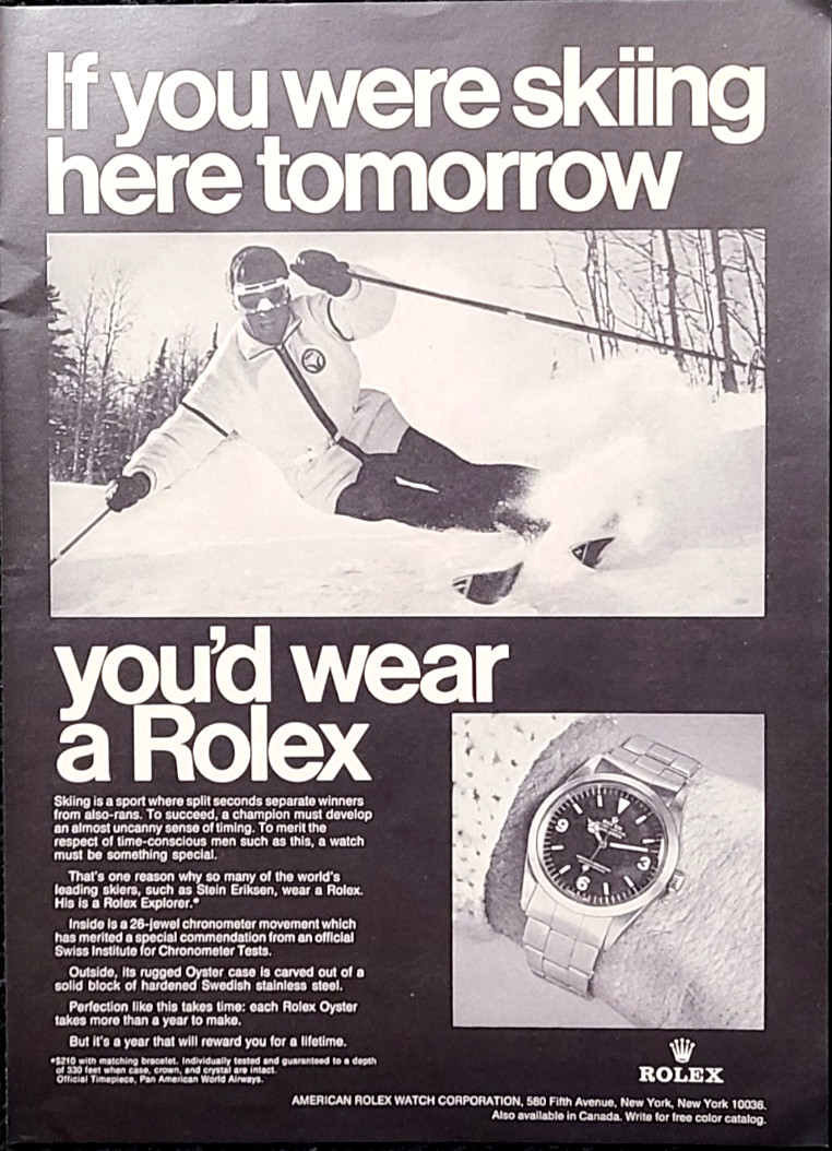 Rolex Explorer Original 1969 Vintage Print Ad Skiing Wall Art