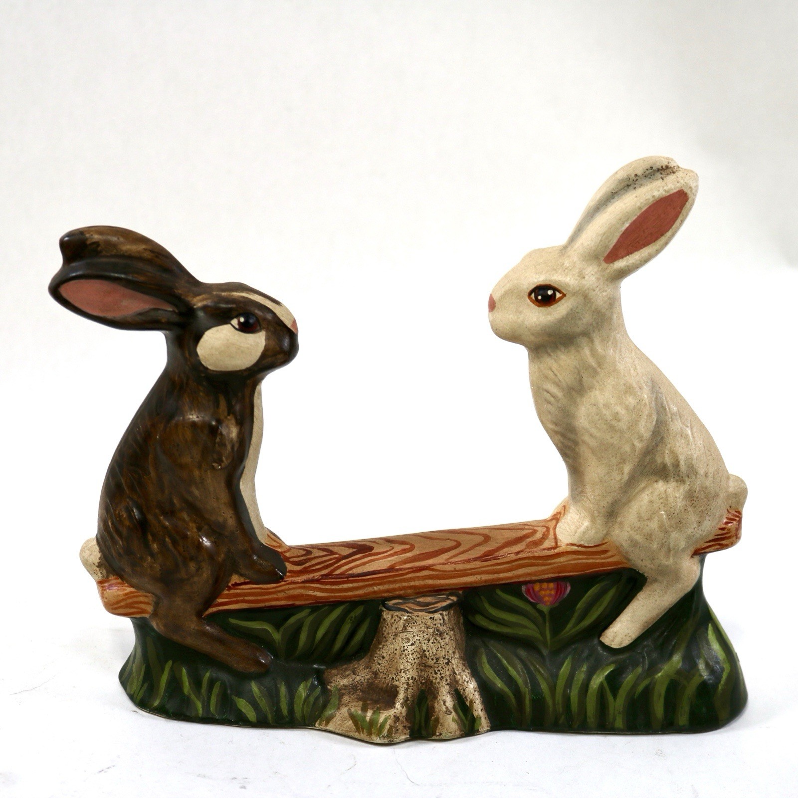 1993 Vaillancourt Folk Art Chalkware Hand Painted Teetor Totter Rabbits