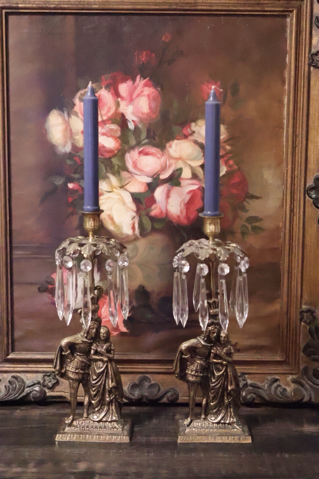Antique French  Romeo & Juliet Gilt Brass w/ Crystal Prisms Candlestick Holders