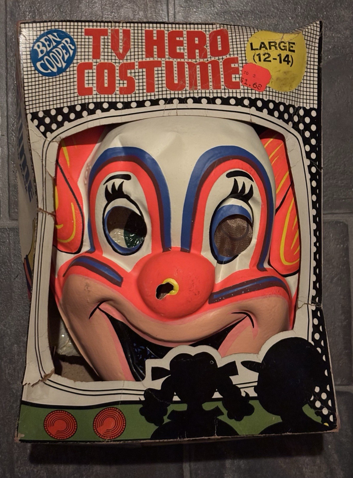 Vintage 1966 Ben Cooper TV Hero Bozo The Clown Halloween Costume, Mask, Box
