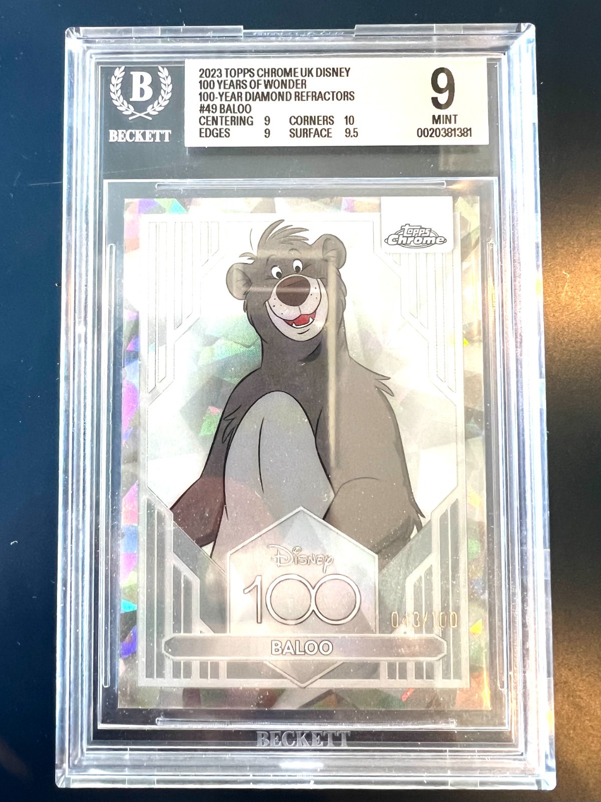 2023 Topps Disney 100 year of Wonder Baloo 100 Yr Diamond Refractor# /100 BGS 9