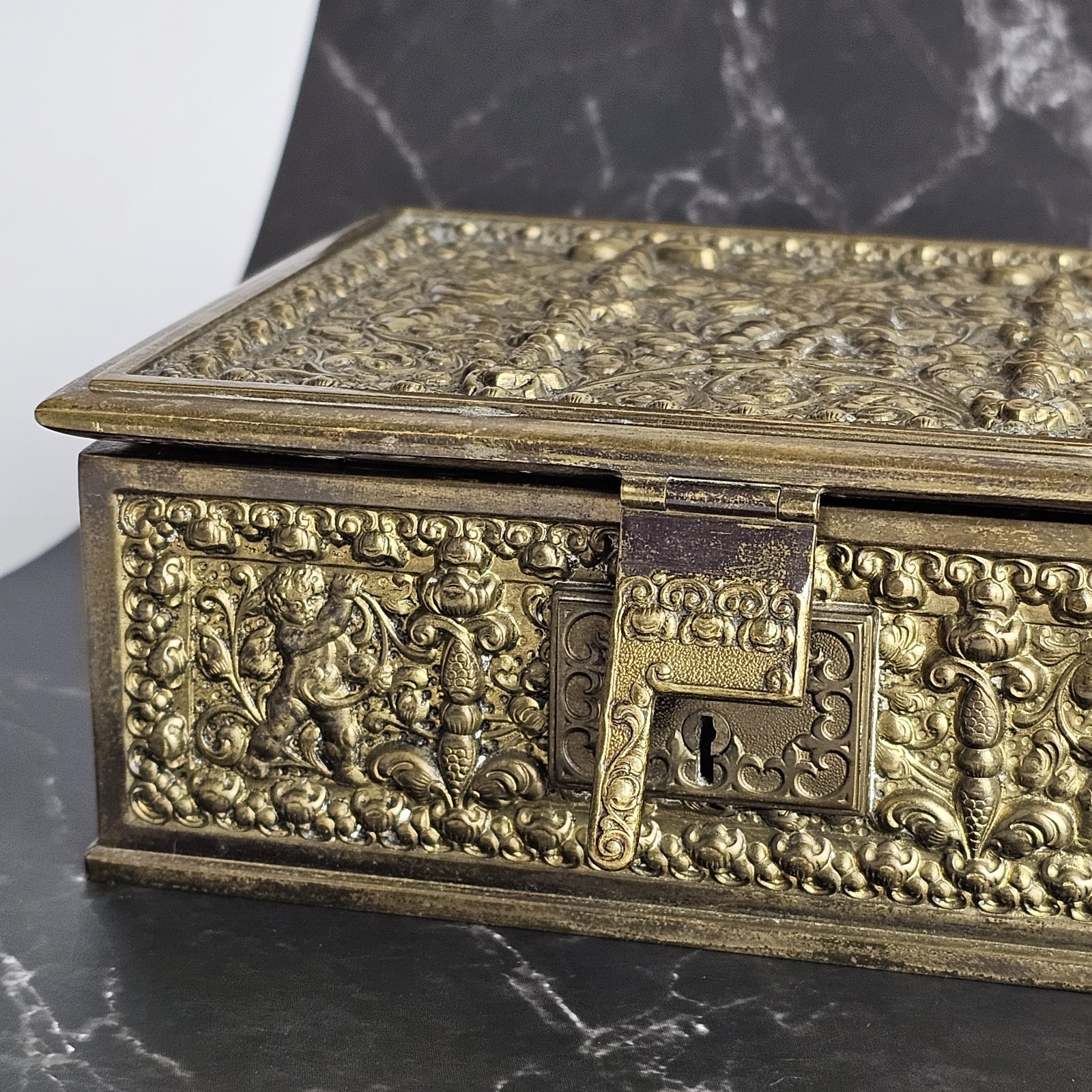 Antique Erhard & Sohne Brass Embossed Cherub Jewelry Box Art Nouveau German