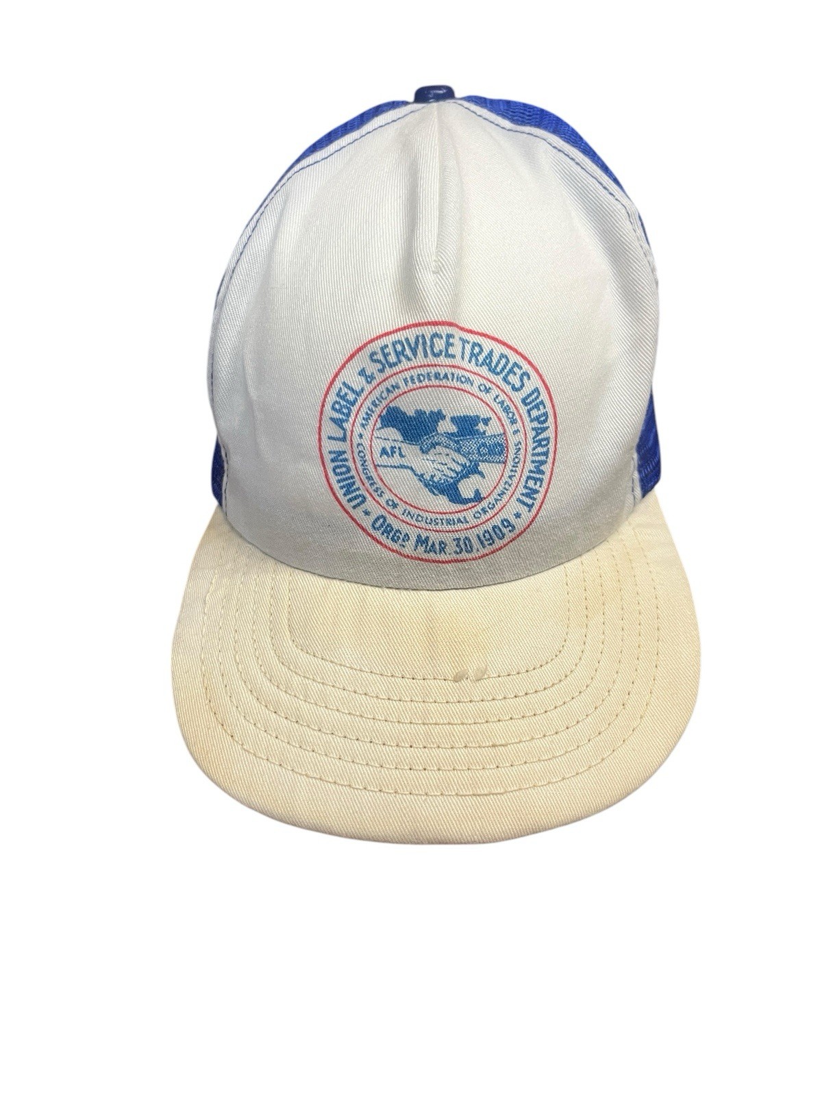 Vtg Worn Union Labor & Service Trades Depo Cap Made In USA SnapBack Hat Stained