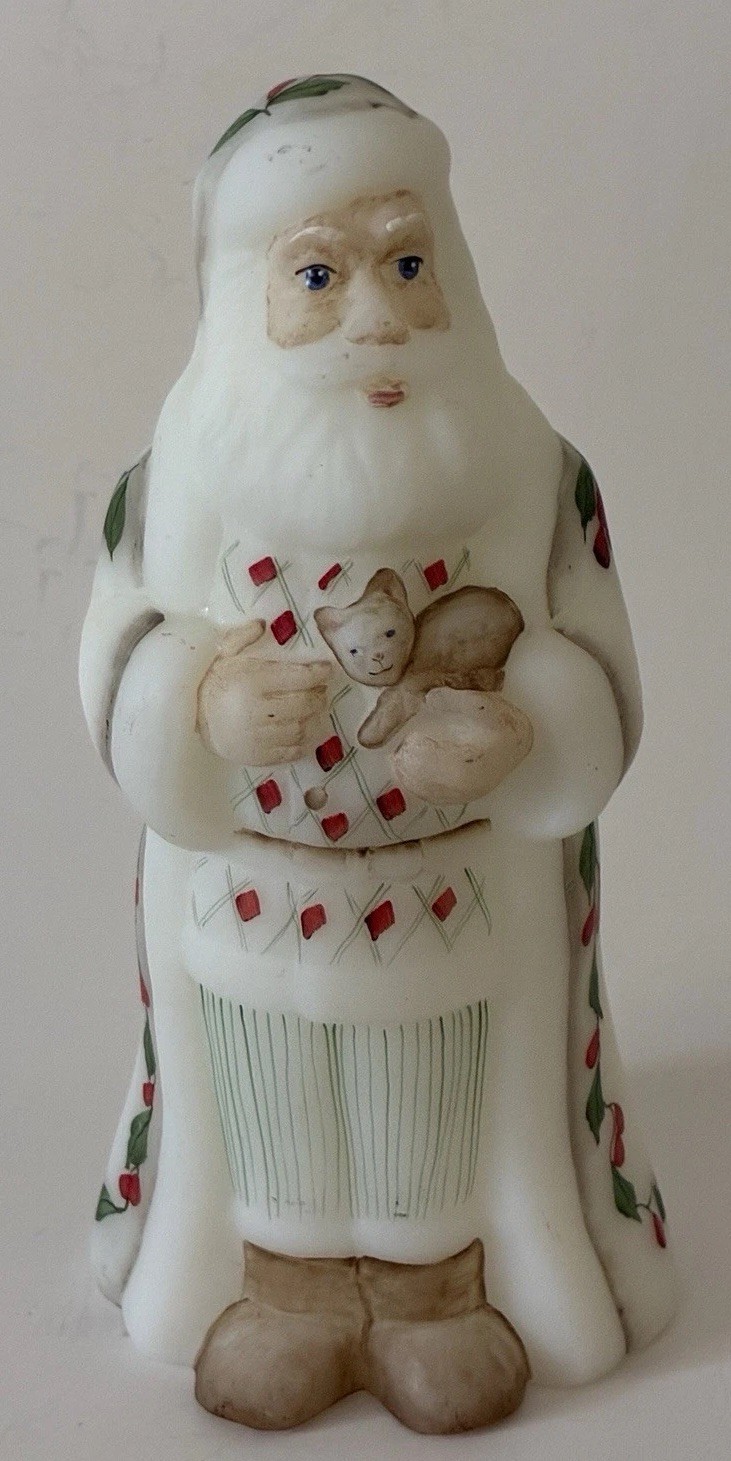 Fenton Milk Glass Santa Figurine, Holding Kitten Signed Shelley Fenton