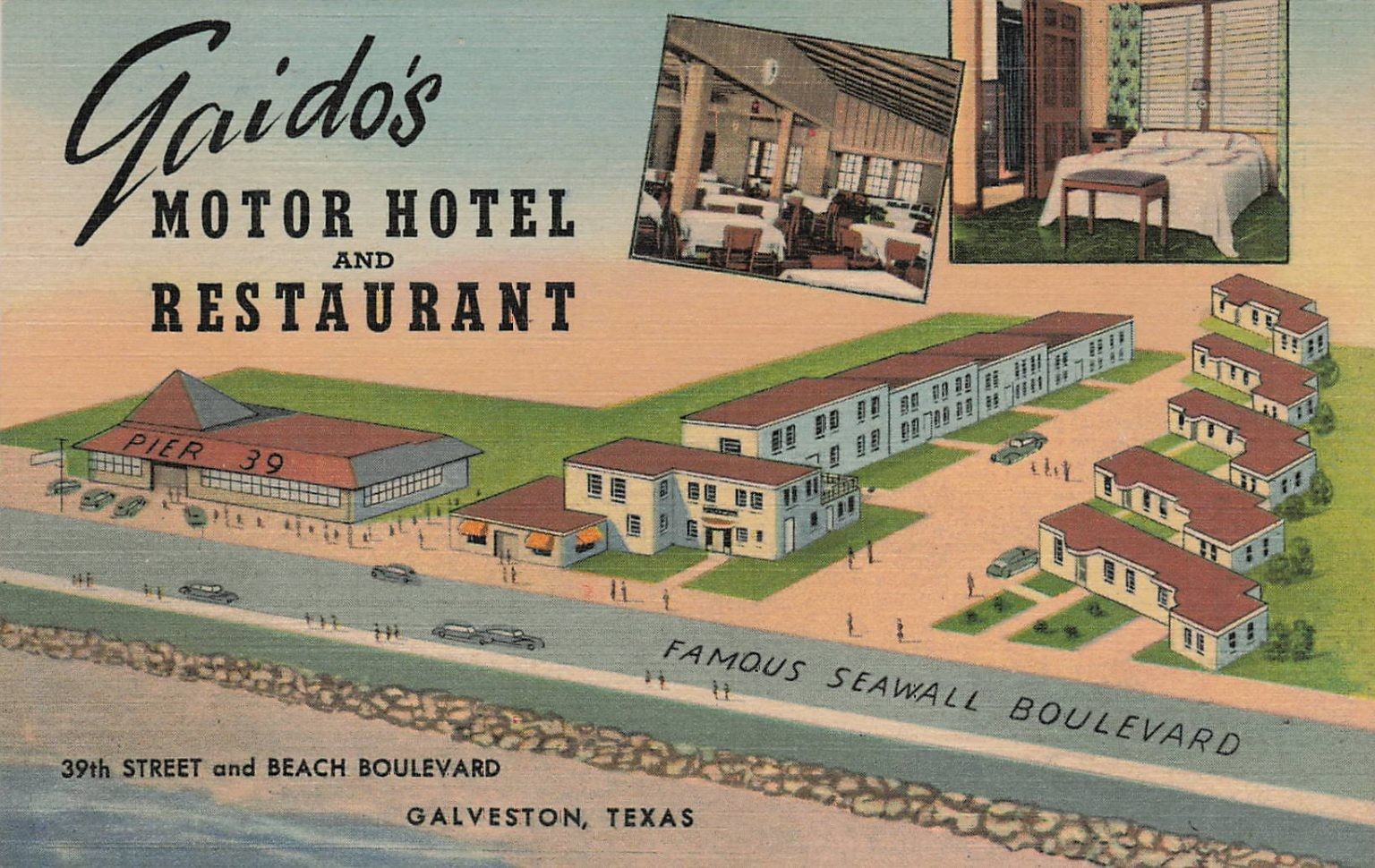 Vintage Gaido's Motor Hotel Restaurant Pier 39 Galveston Texas Postcard