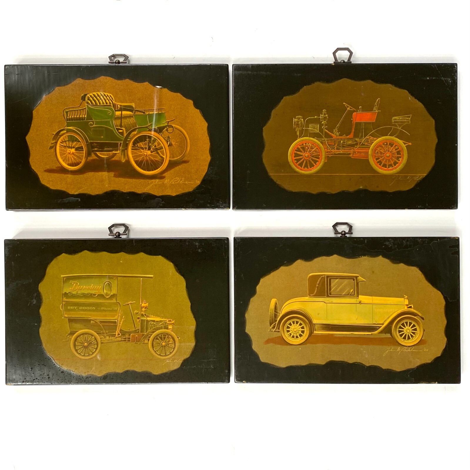 Antique Vintage Collectors Car Art Wall Hanging John Peckham 60s Man Cave Set 4