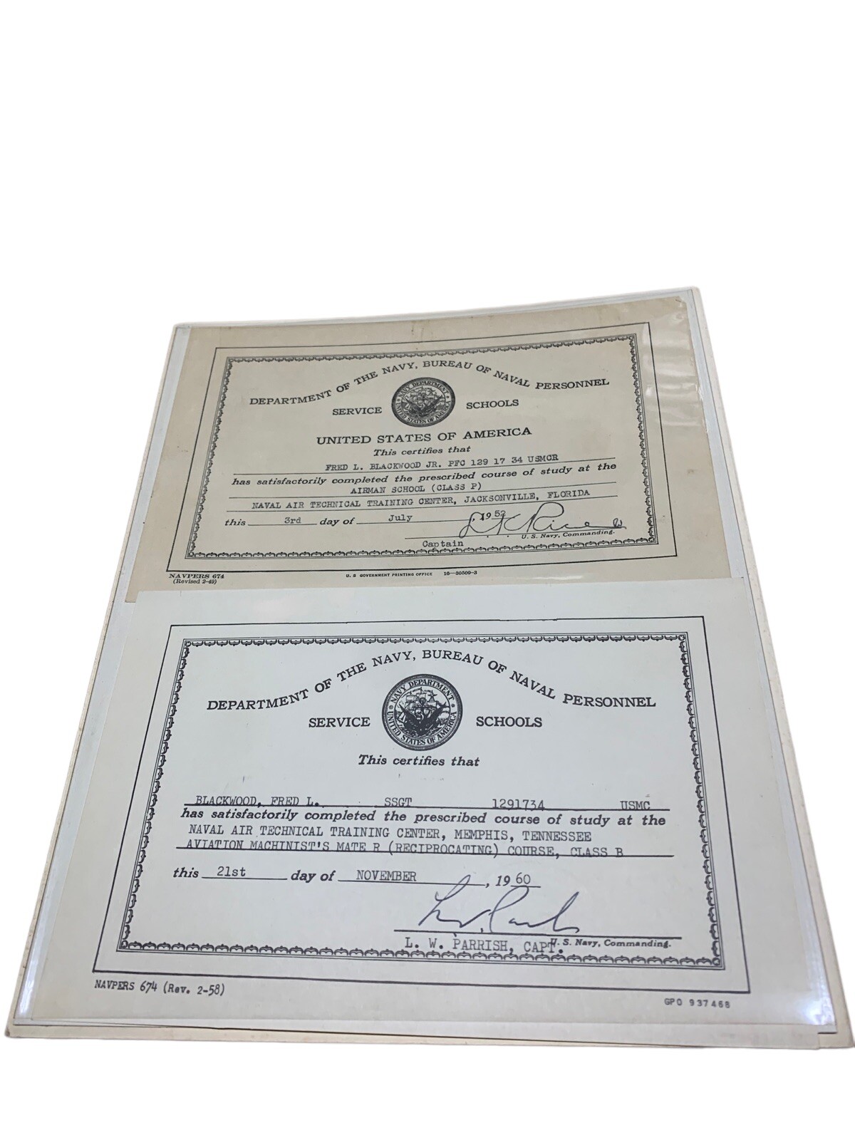 1952 & 1960 US Military Depart of Navy Service Schools Course Certificate Signed