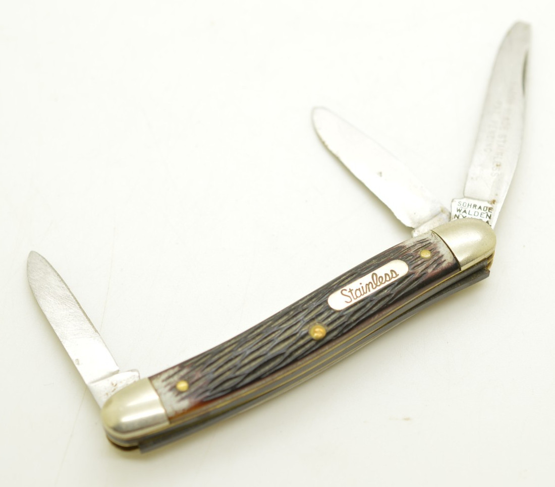 Knife Schrade Walden N.Y. USA 855 Stainless Stockman Folding Three 3 Blade AS-IS