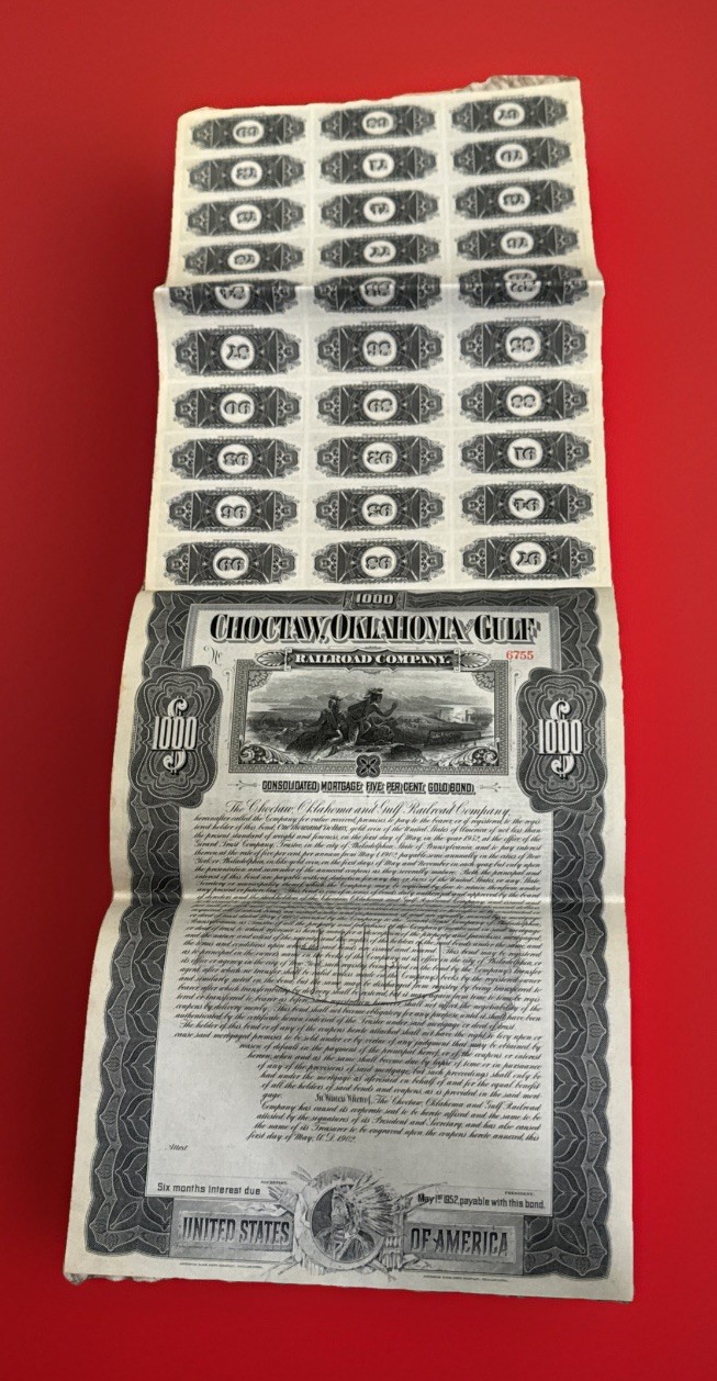 1902 Choctaw Oklahoma & Gulf RR Bond 99 Coupons Native American Vignette AK