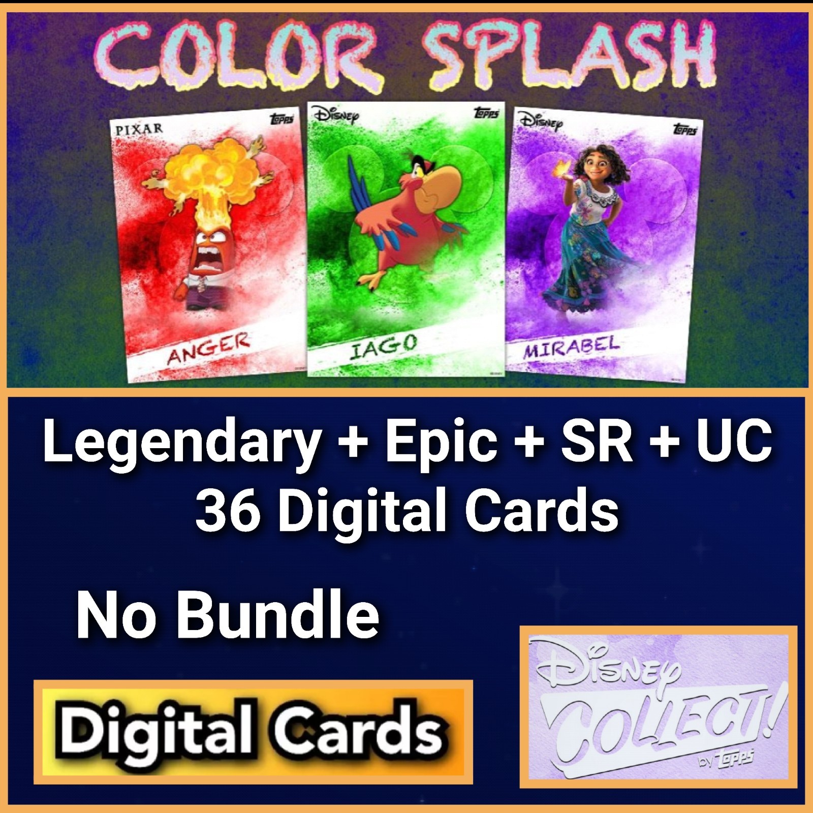 Topps Disney Collect Color Splash S9 No Bundle Legendary+Epic+SR+UC 36 Cards