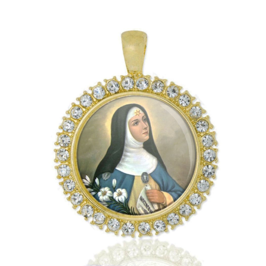 St Beatrice Da Silva Christian Round Medal Gold Tone Pendant with Rhinestones