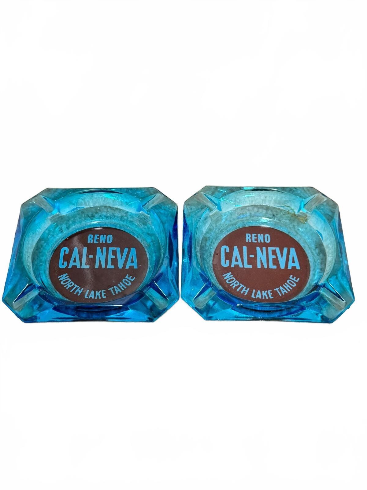 Pair of Vintage Cal-Neva Casino Reno Lake Tahoe Blue Glass Ashtrays