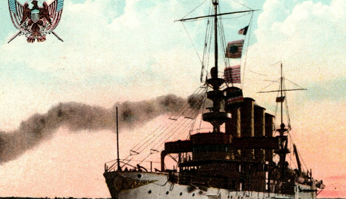 c1907 US Armored Cruiser Charleston Sunset US Flag Eagle postcard P17B